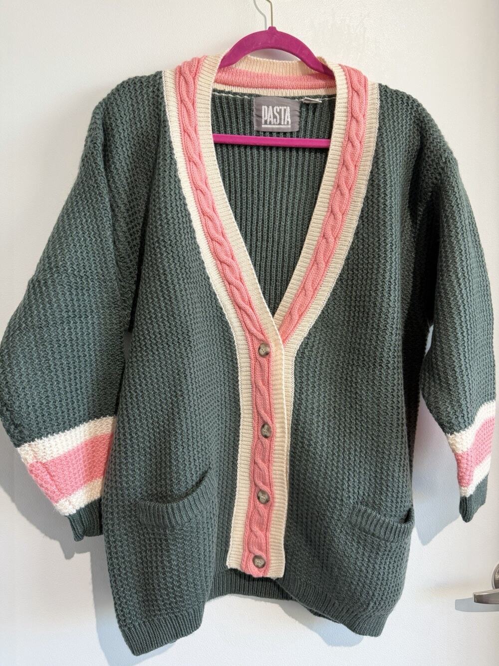 Vintage PASTA Hong Kong Chunky Knit Cardigan Size L Green Pink Cable Trim Relax